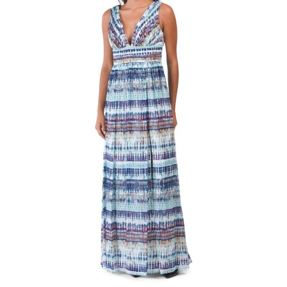 Aidan Mattox Chiffon Printed Boho Maxi Dress-Color  Blue Multi - Picture 1 of 8